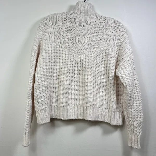 Aerie Womens XS Mock Neck Cable Knit Sweater Cream Pinkish Wool Blend Chunky - Image 2