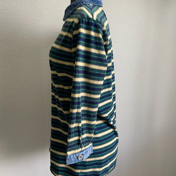 POL Medium Stripe Chambray Collar Wrist Cuff Denimwear Polo Shirt - Image 3