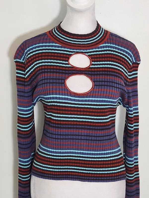 Madden NYC Multicolor Striped Ribbed Knit Crop Top Size Large - Image 2