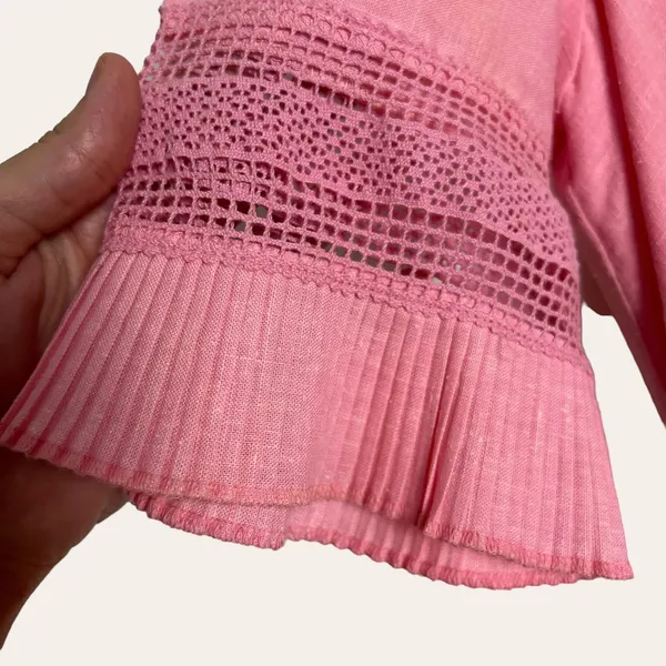 Vintage Pink Lace Trim Ruffle Flounce Hem Belted Midi Dress S - Image 4