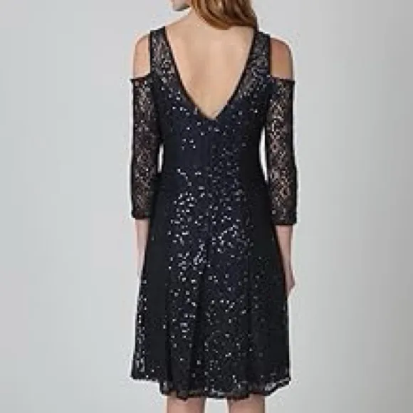 NWT Marina Black Illusion Lace Cocktail Dress With Round Neck and V Back Size 6 - Image 3