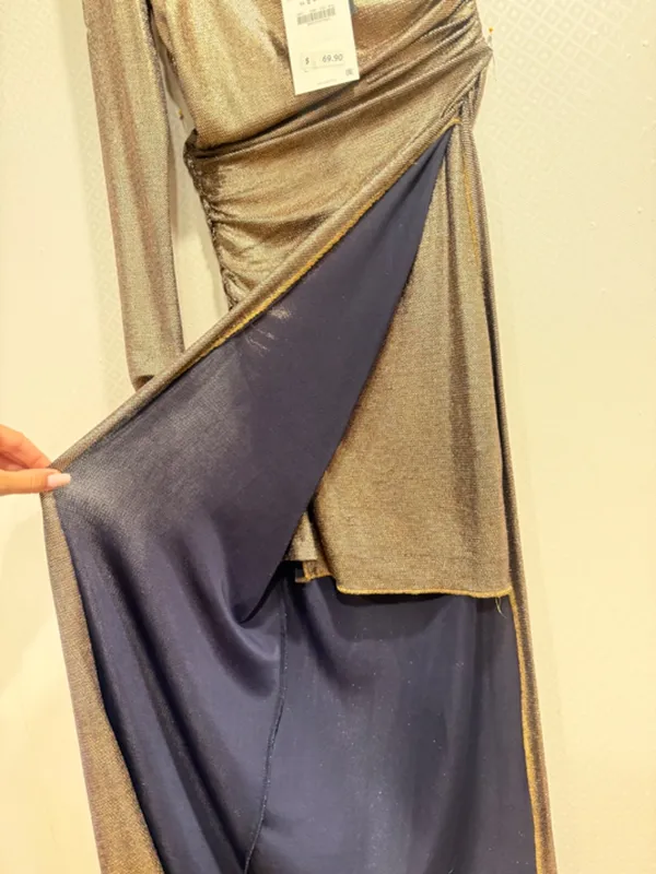 NWT Zara Metallic Bronze One Shoulder Ruched High Slit Asymmetrical Maxi Dress S - Image 9
