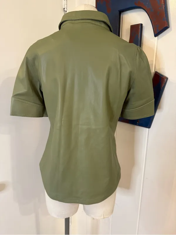 Steve Madden Olive Green Short Sleeve Button-Front Leather Shirt Sz S - Image 2