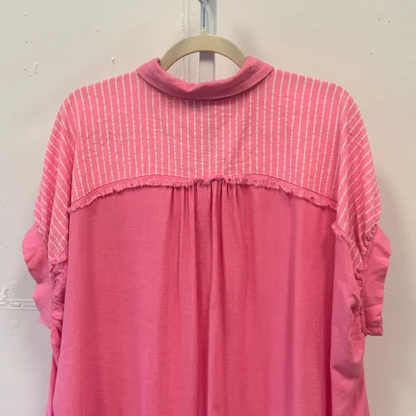 NWT Umgee USA Pink Linen Blend Striped Boho Frayed Hem Button Down Top Small - Image 5