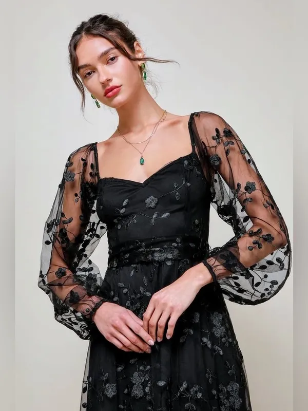NWT Lulus Darling Charisma Black Mesh Embroidered Midi Dress S - Image 2