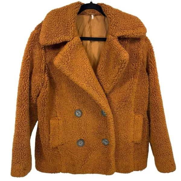 Free People Womens Teddy Peacoat Rust Orange Faux Fur Sherpa Jacket Size XS - Image 3