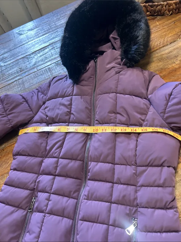 Long Quilted Purple Puffer Coat with Faux Fur Hood - Image 11