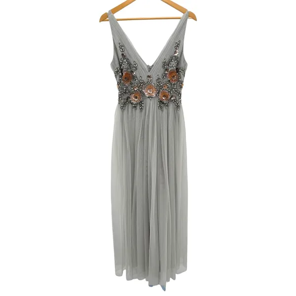 BHLDN Isabel Gray Embellished Tulle Maxi Dress 2 3D Floral Sequin Gown Wedding - Image 3