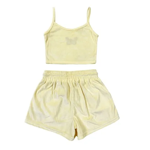 Shein Yellow‎ Velour Butterfly Crop Tank Top & Shorts Set Size XS - Image 2