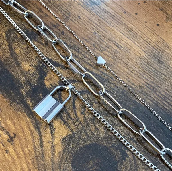 Layered Paperclip Lock Necklace Silver - Image 2