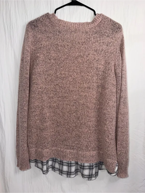 Sonoma Life + Style Layered Look Knit Sweater Plaid Hem Pink Gray Size XL - Image 2