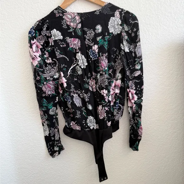 AFRM Surplice Long Sleeve‎ Bodysuit Puff Sleeve Black Pink Floral Small S - Image 7