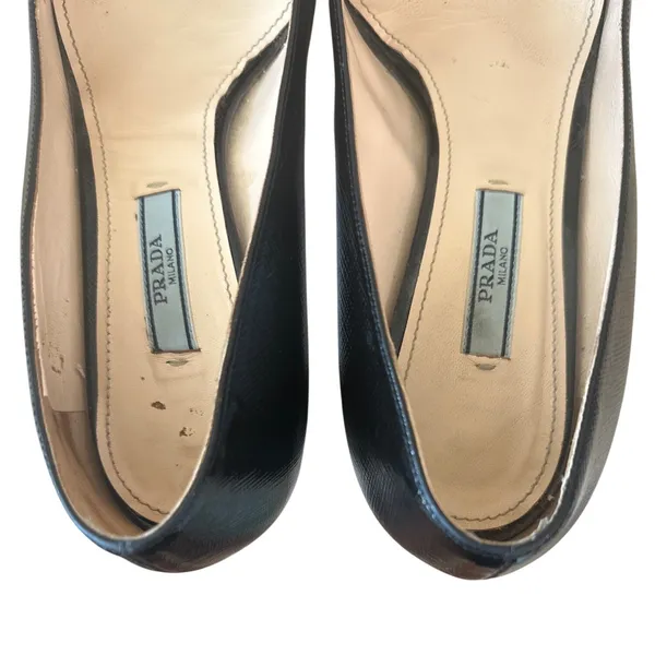 Prada Saffiano Vernice Square Toe Buckle Block Heel Pumps Black EU 38 US 8 - Image 4