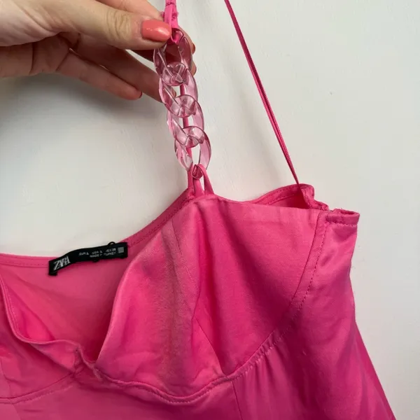 NEW ZARA Pink Satin Corsetry Mini Babydoll Dress Sz Large Chain Strap - Image 7