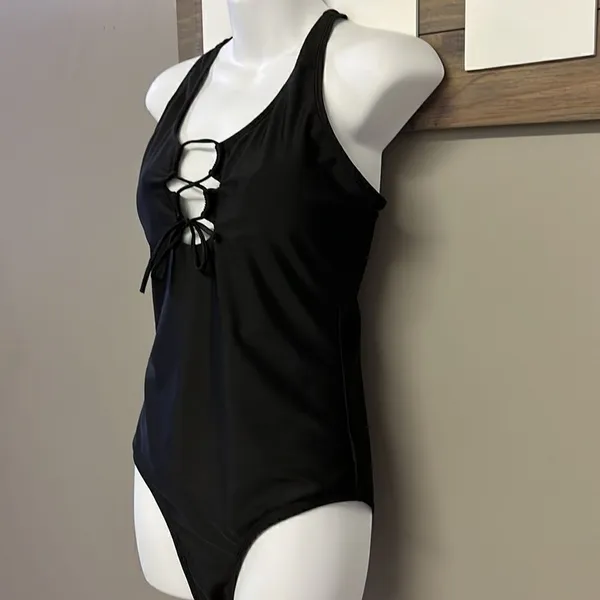 SHEIN Black One Piece Plunging Neckline with Tie and Razorback Swimsuit- Large - Image 7