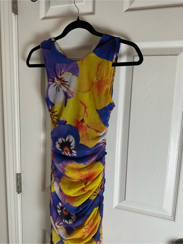 Zara Vibrant Floral Print Mesh Maxi Dress Criss Cross Open Back S - Image 7