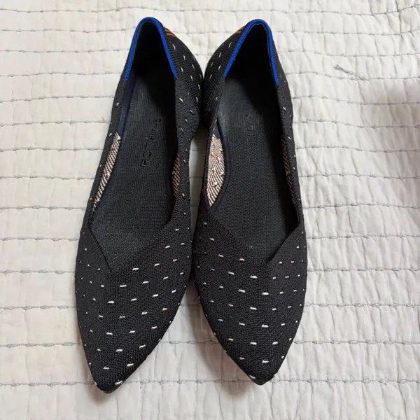 Rothys The Point Black White Micro Dot Pointed Toe Flats 9.5 Stripe Heel‎ EUC - Image 3