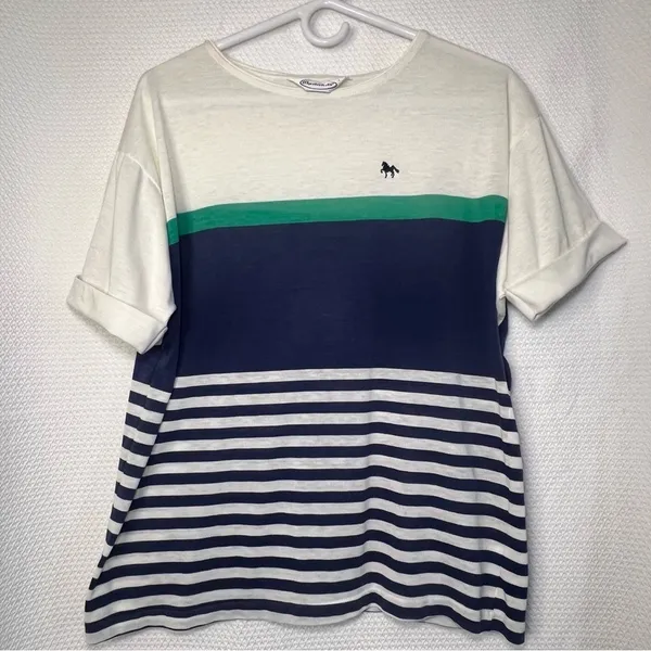 Nautical Navy and White Striped Colorblock Short‎ Sleeve Women Tee Size Large - Image 2