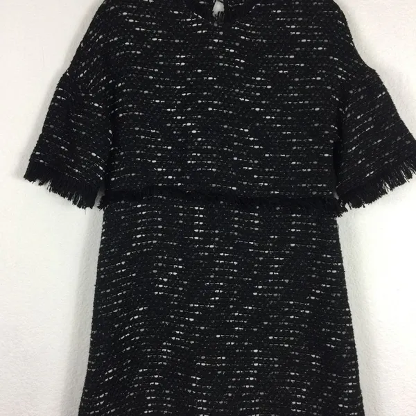 Zara Black Fringe Tweed Textured Knit Wide Sleeve Aline Mini Dress Medium - Image 9