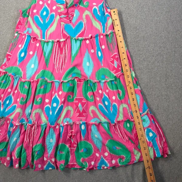 Crown & Ivy Women's Medium Ikat Tiered Ruffle V-Neck Sleeveless Dress Pink Blue - Image 4
