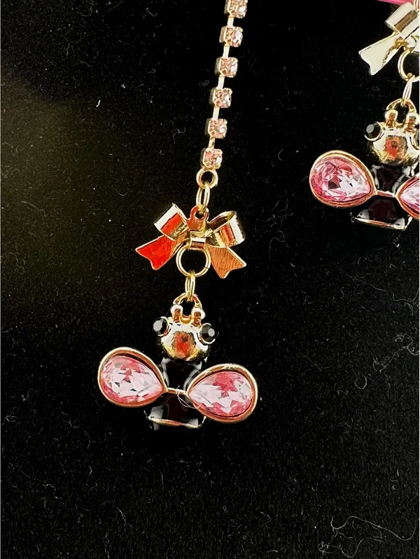 Betsey Johnson Asymmetrical Pink Crystal Bow and Bee Drops - Image 2