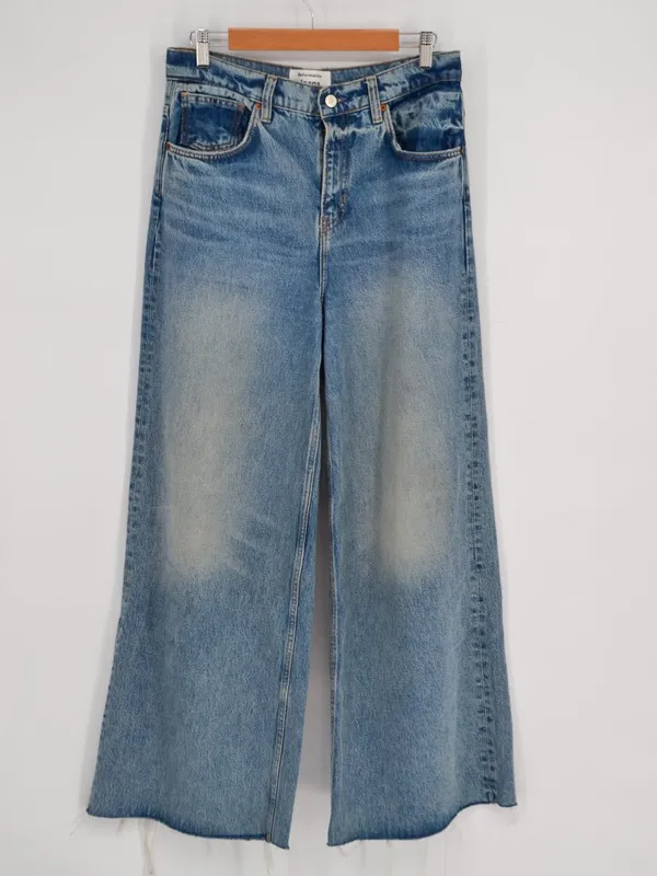 Reformation Jeans Iggy Super Wide Leg Stretch Atwood Wash Blue Raw Hem Womens 27 - Image 3