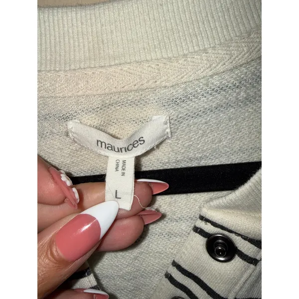 Maurices Womens Cream Black Striped Henley Snap Button Sweatshirt L Relaxed - Image 3