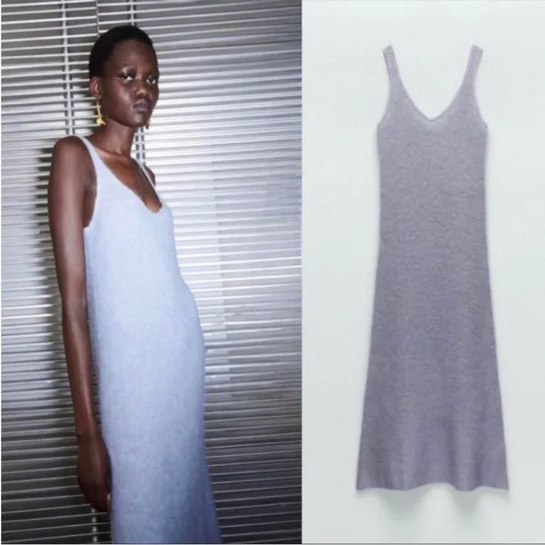 NWT Zara Wool‎ Alpaca Beaded Strappy Dress Gray Sleeves Midi Tank Women’s Size S - Image 2