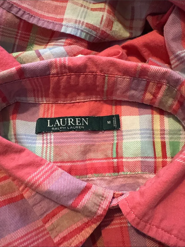 Lauren Ralph Lauren Medium Coral Pink Plaid Button Up Tunic Top or Nightgown - Image 5