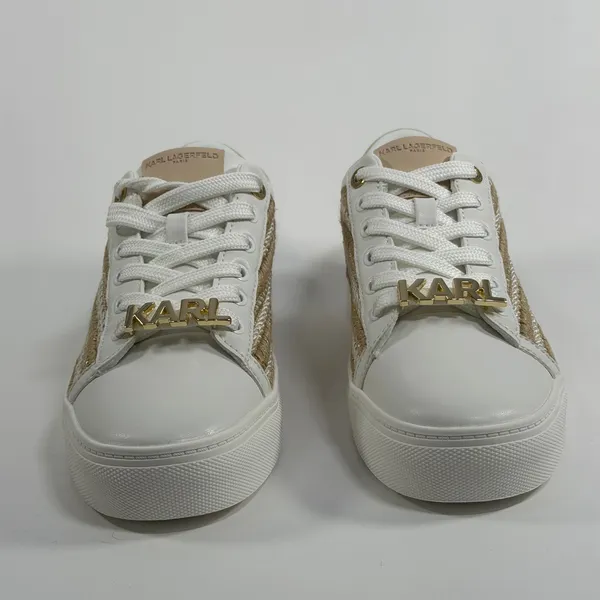 Karl Lagerfeld Paris Size-7 Cate Lace Up Sneaker White Gold Woven - Image 8
