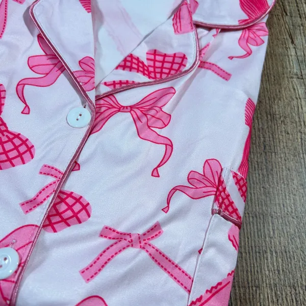 Pink Bow Print Pajama Set Top Pants Long Sleeve Coquette Feminine Plus 2X - Image 2
