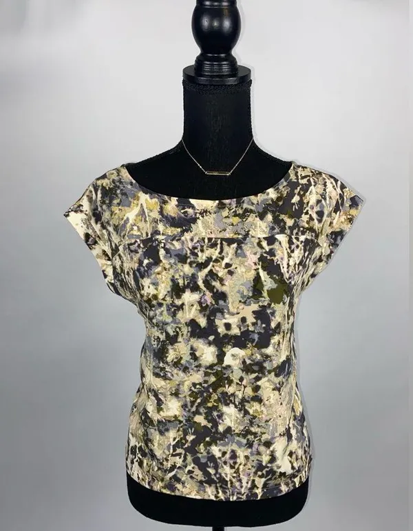 Blouse Top Abstract Size XS French Connection Olive Green & Tan - Image 2