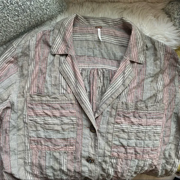 🌻Free People🌻 High Tide Pink Sands Striped Button Down Long Sleeve Shirt - Image 10