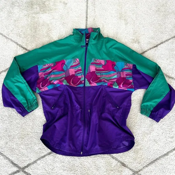 Vinatge 90s Reebok Windbreaker Cinch Waist Full Zip Green/Purple Abstract Design - Image 2