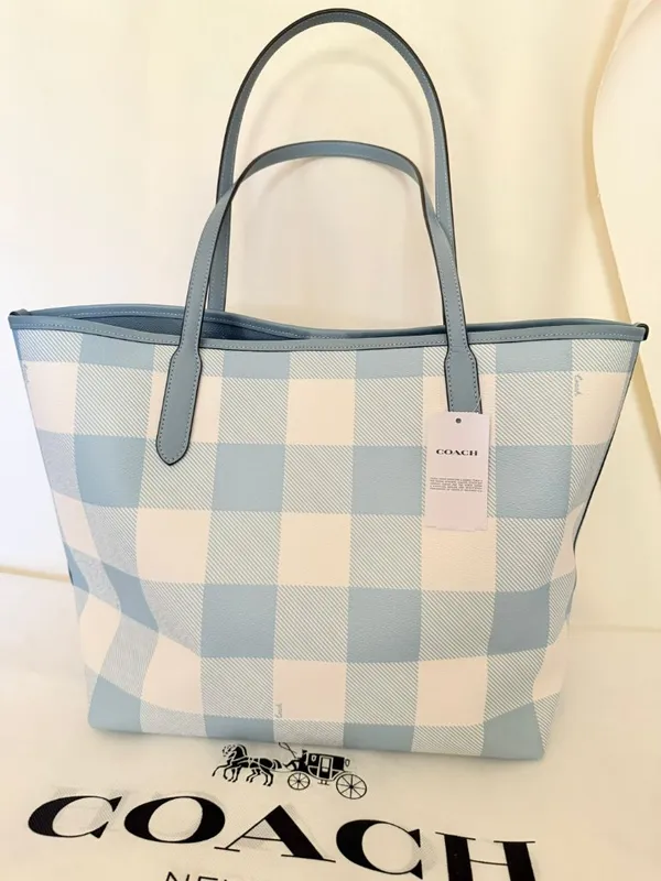 coach City Tote Bag With Gingham Print And Charm ces64 - Image 3