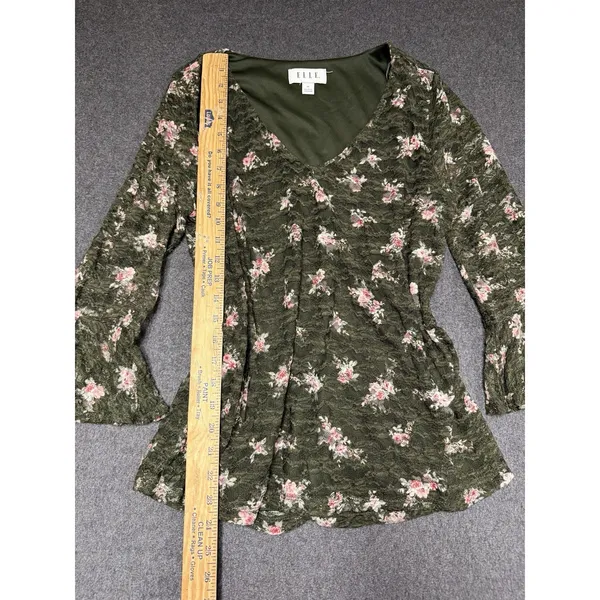 Elle Green‎ V-neck Blouse With Pink Flowers, Size M Whimsy Fairy Yk Lace Meah - Image 5