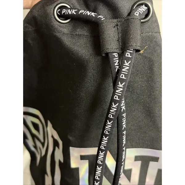 PINK Victoria's Secret Cinch Drawstring Large Back Pack Black/Silver NWOT - Image 7