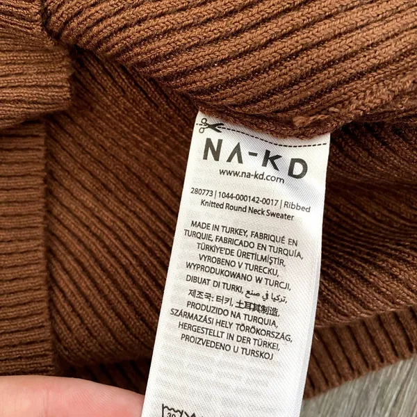 NA-KD Ribbed Knitted Round Neck Sweater Brown Neutral Stretch Size‎ Large - Image 5
