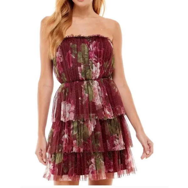 Y2k fairy whimsi bohoFloral Glitter Tulle Strapless Tiered Mini Dress BurgundY 9 - Image 2