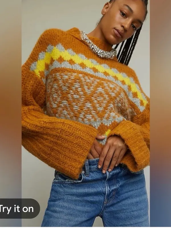 Free People Alpine Alpaca Blend Mock neck Cropped Fair Isle Sweater Small - Image 4