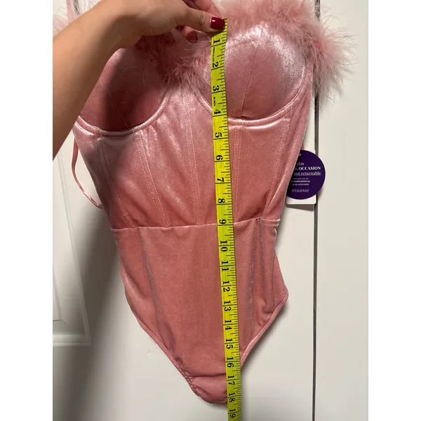 Windsor Pink Velvet Feather Trim Bodysuit Size S - Image 3