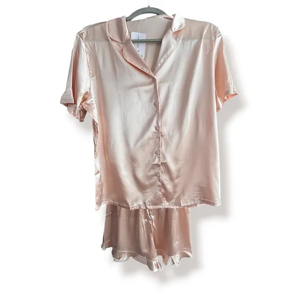 Womens Satin Pajama Set Champagne Pink Short Sleeve Loungewear NEW Bridal Sleep - Image 6