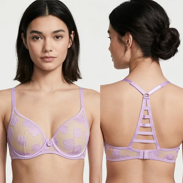 PINK Victoria's Secret Lightly Lined Legerement Double Lace/Flora Bra - Size 34B - Image 3