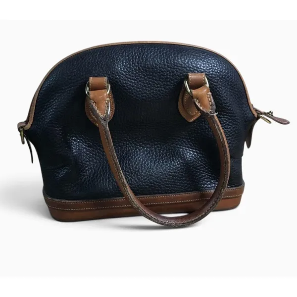 Vintage Dooney & Bourke USA Black Pebble Leather Dome Satchel British Tan Bag - Image 2