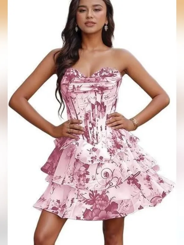 New Floral Pink Chiffon Strapless Tiered A Line Mini Prom Homecoming Formal Gown - Image 3
