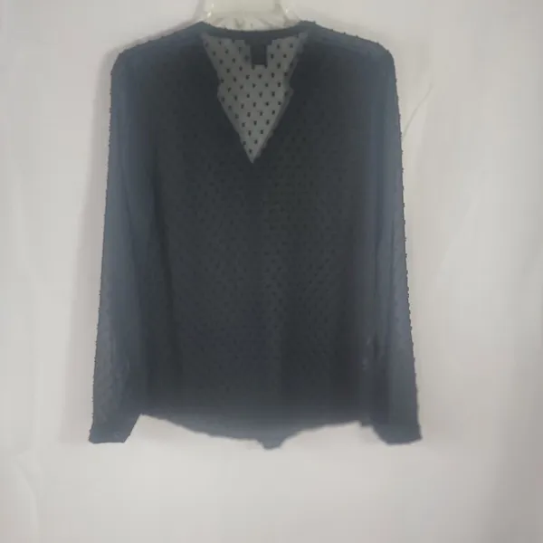 Ann Taylor Navy Blue Swiss Dot Sheer Collarless V Neck Long Sleeve Blouse Top S - Image 8