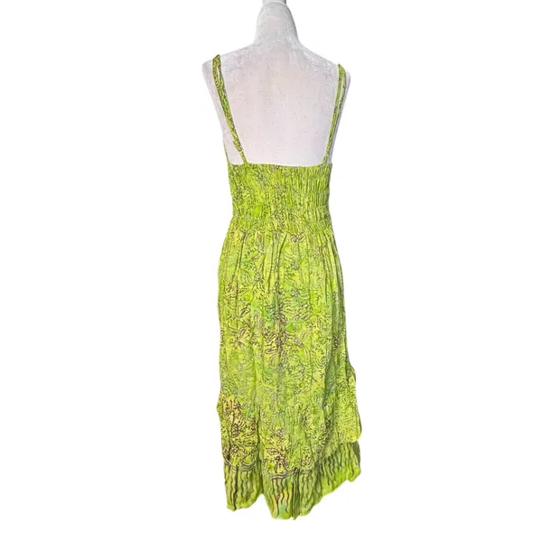 Vintage Lime‎ Green Batik Rayon Tiered Sundress Boho Tropical Midi Dress Artsy - Image 5