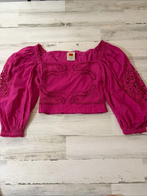 FARM Rio Pink Lace Puff sleeve Cropped Blouse - Image 5