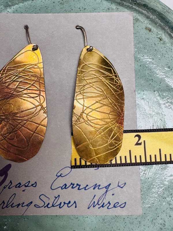 Handmade 1970s Artisan Earrings Abstract Design Brass and Sterling Silver Drop Wires - Image 5
