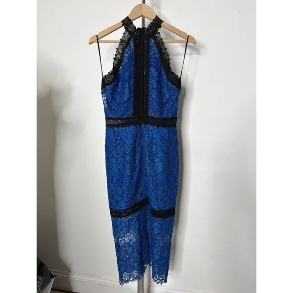 Alexis Julianna Royal Blue Black Lace Halter Midi Dress Size M Cocktail Wedding - Image 6